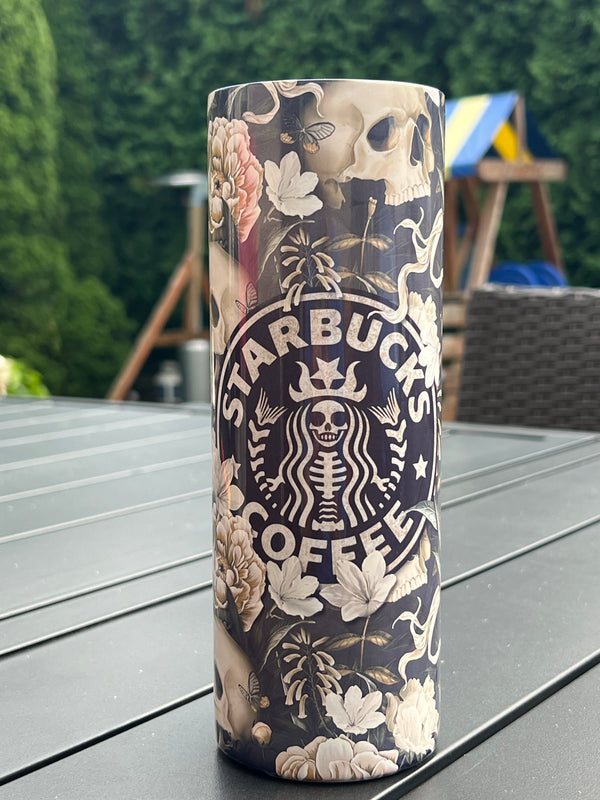 20oz Gothic Floral Skull Skinny Tumbler - Dark Coffee Aesthetic