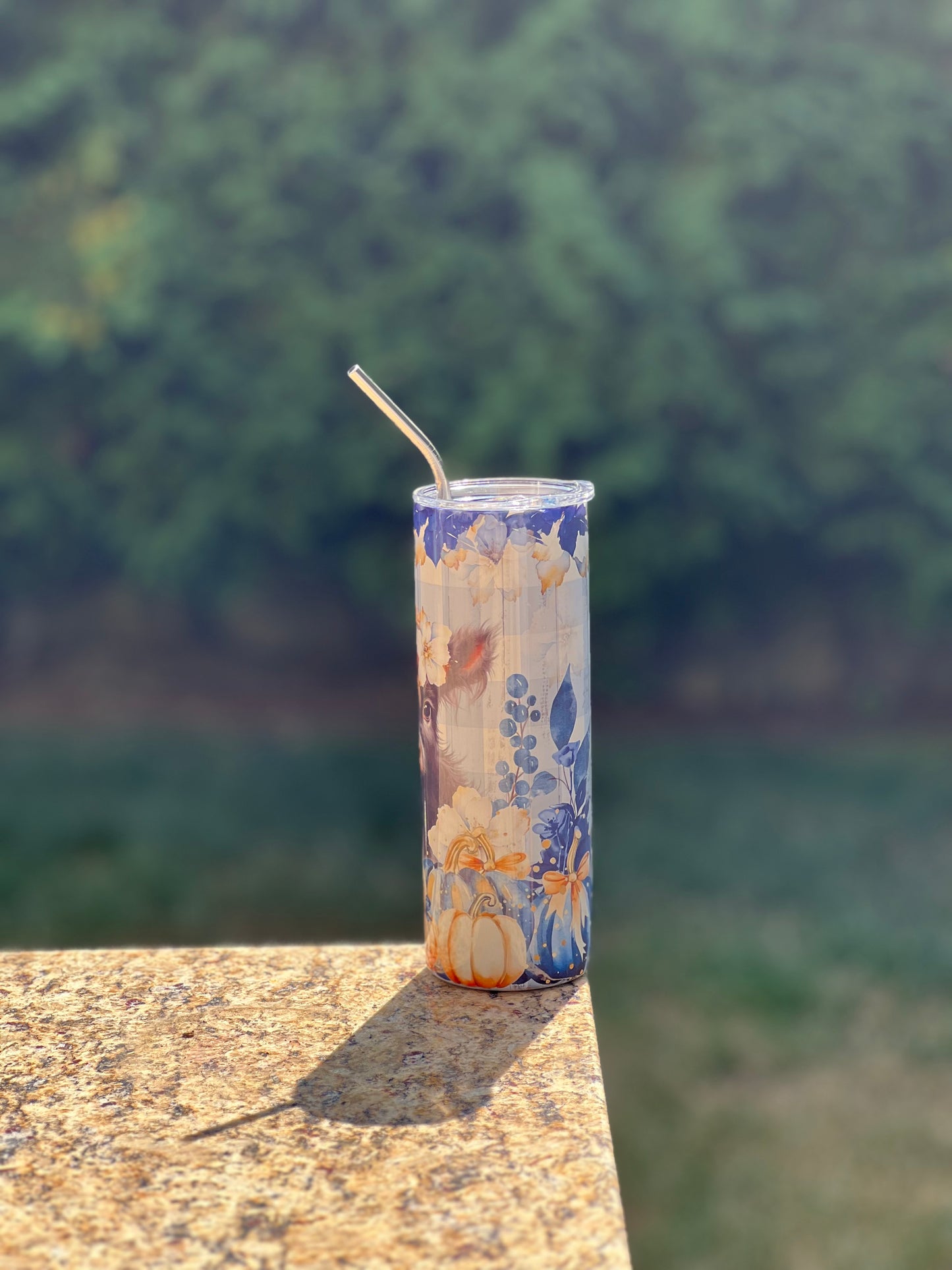 Highland Cow on Blue Flannel 20oz Skinny Tumbler