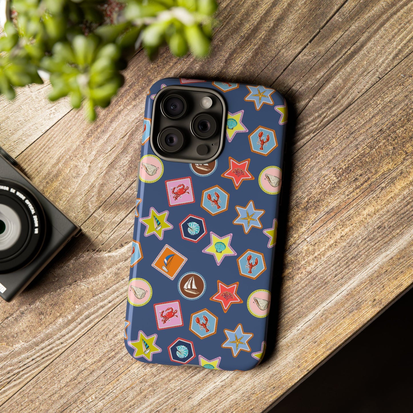 Lobsters Sailboats and Seashells on Navy Blue Phone Case