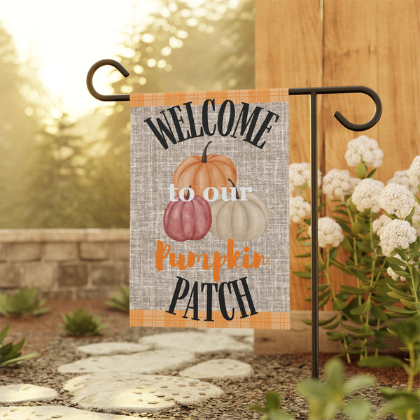 Welcome to Our Pumpkin Patch Garden Flag – 12”x18” Rustic Fall Yard Banner with Neutral Pumpkins and Plaid Trim