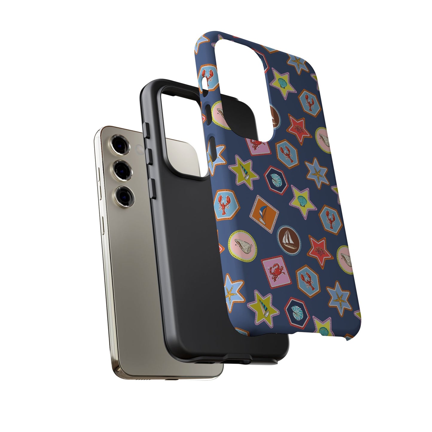 Lobsters Sailboats and Seashells on Navy Blue Phone Case