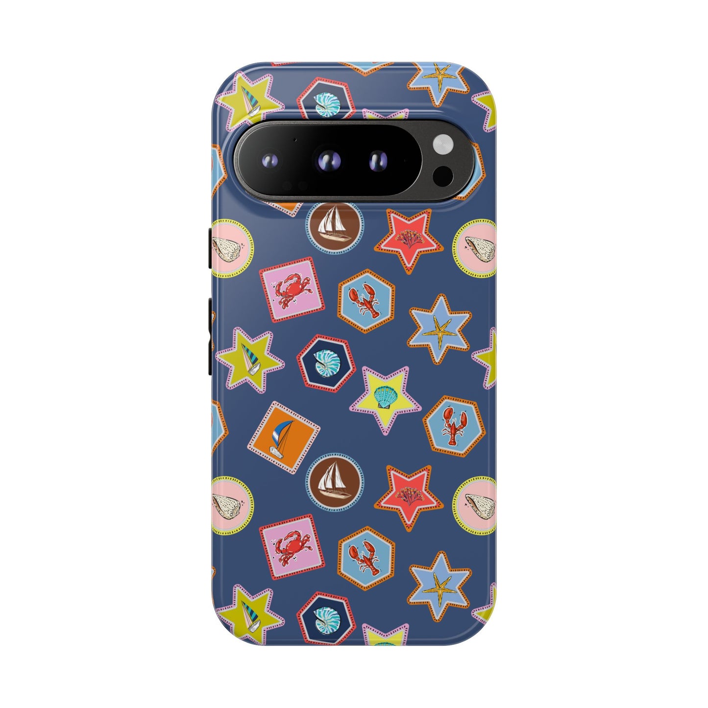 Lobsters Sailboats and Seashells on Navy Blue Phone Case