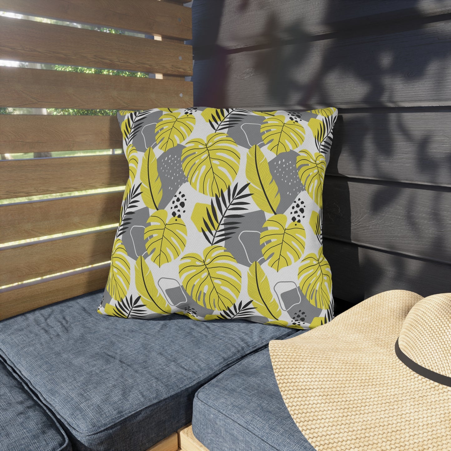 Outdoor Pillow - Yellow and Gray Tropical Leaf Throw Pillow