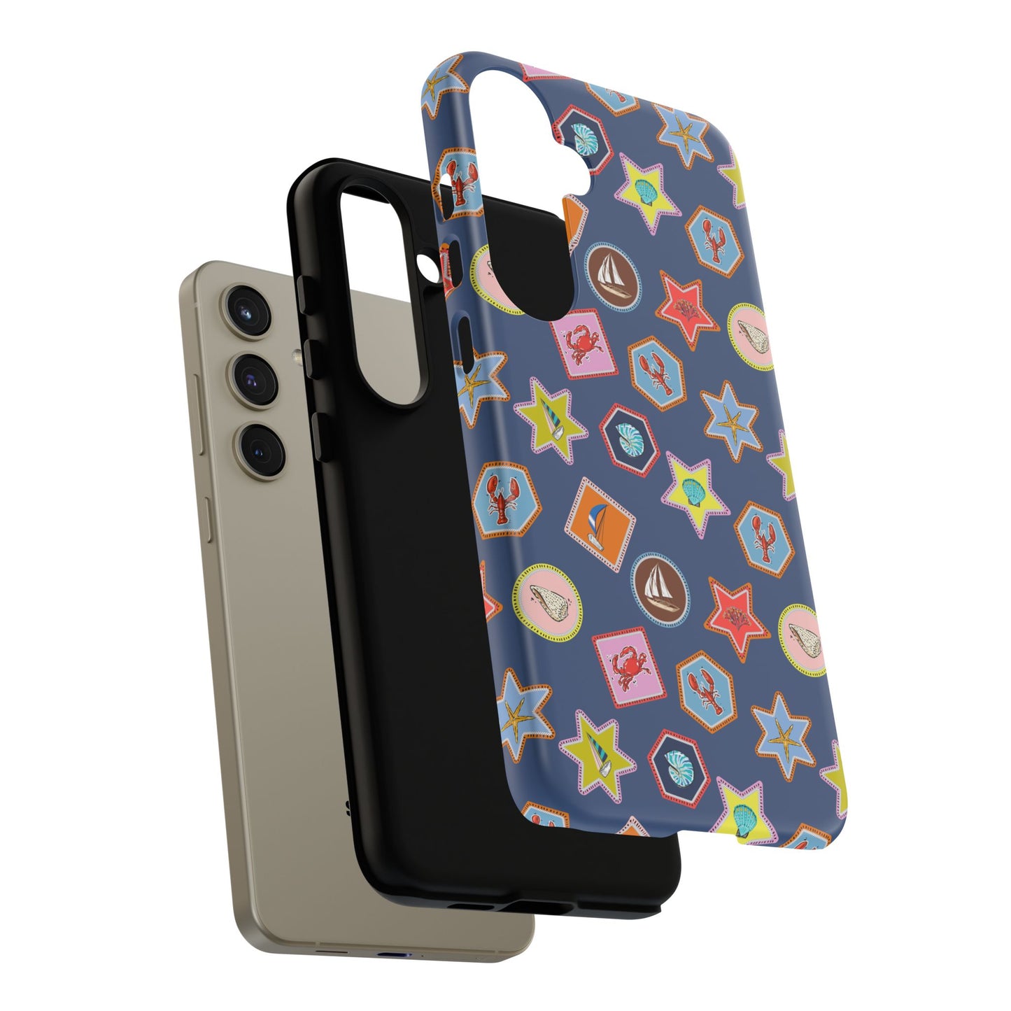 Lobsters Sailboats and Seashells on Navy Blue Phone Case