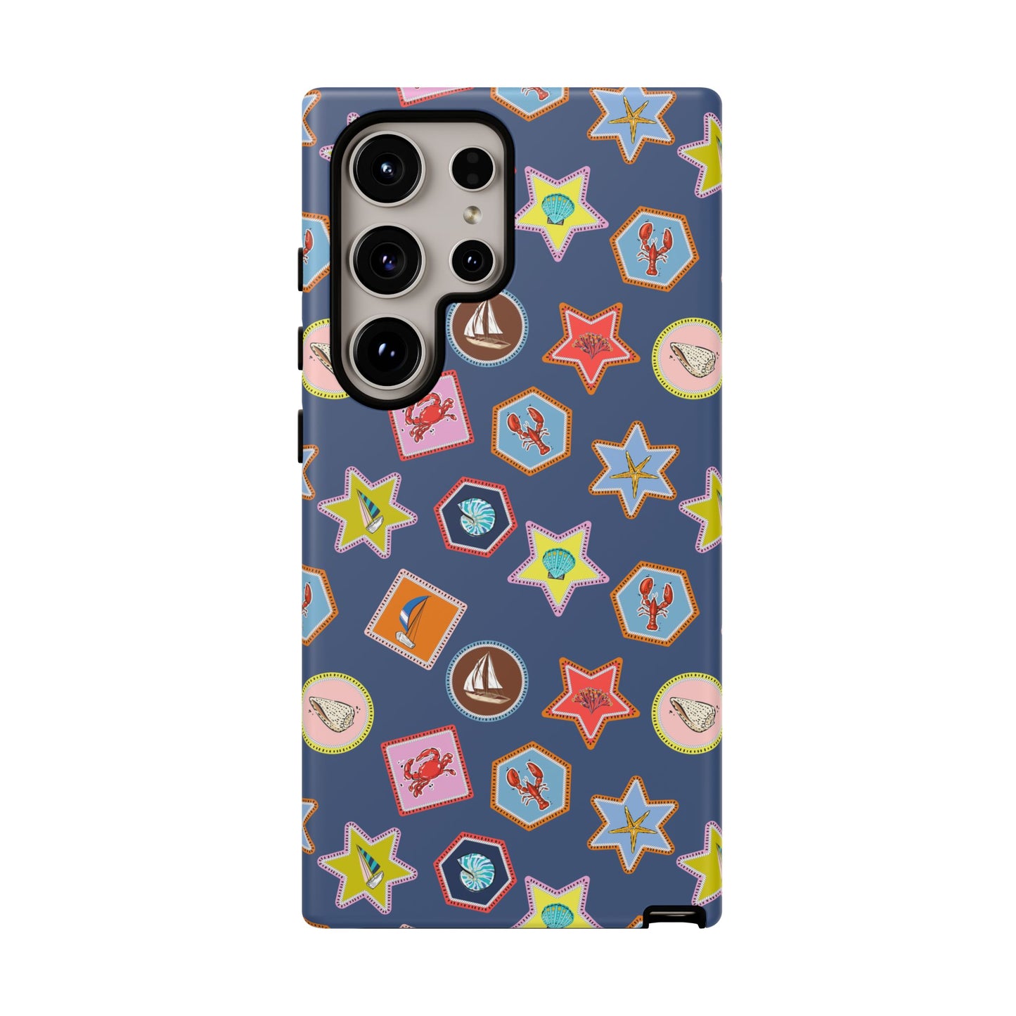 Lobsters Sailboats and Seashells on Navy Blue Phone Case