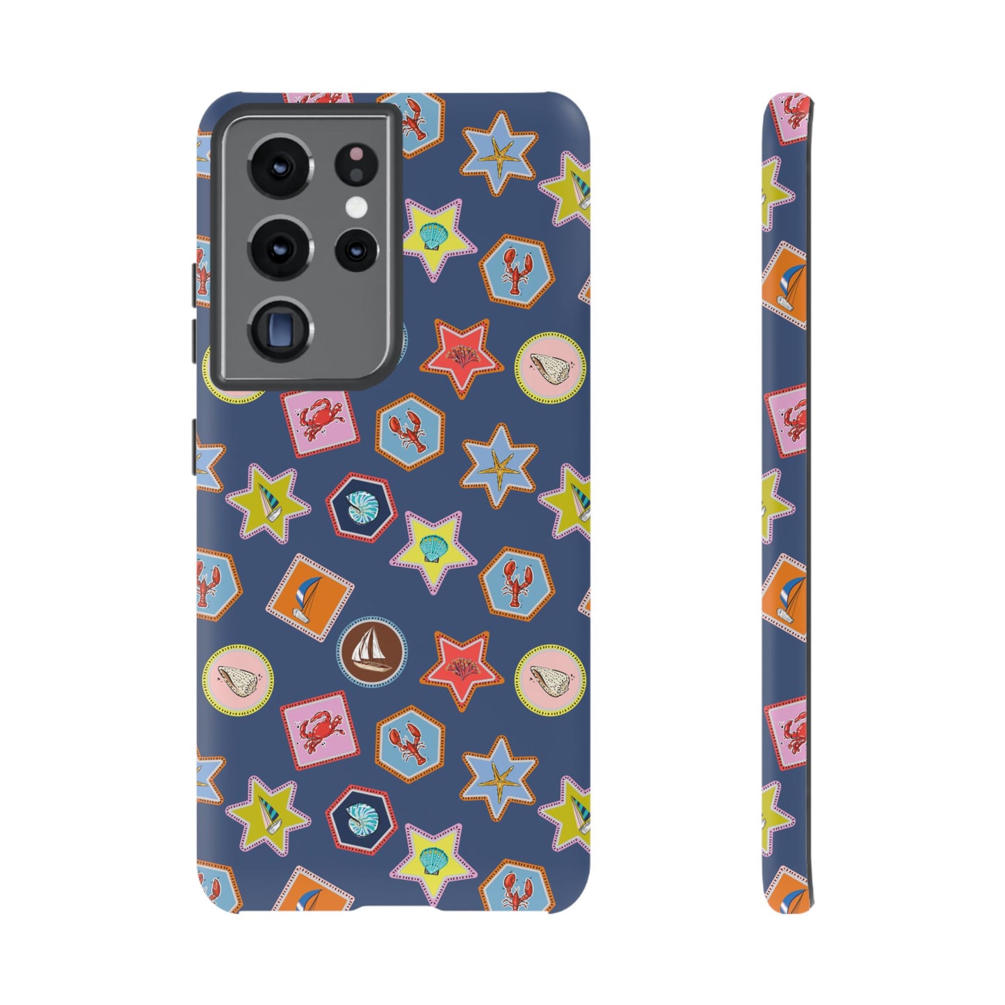Lobsters Sailboats and Seashells on Navy Blue Phone Case