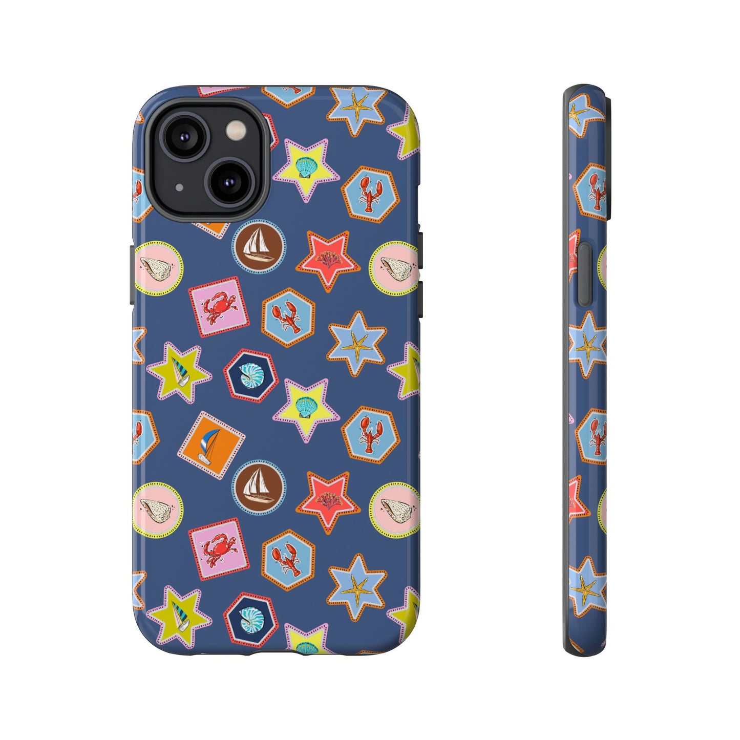 Lobsters Sailboats and Seashells on Navy Blue Phone Case