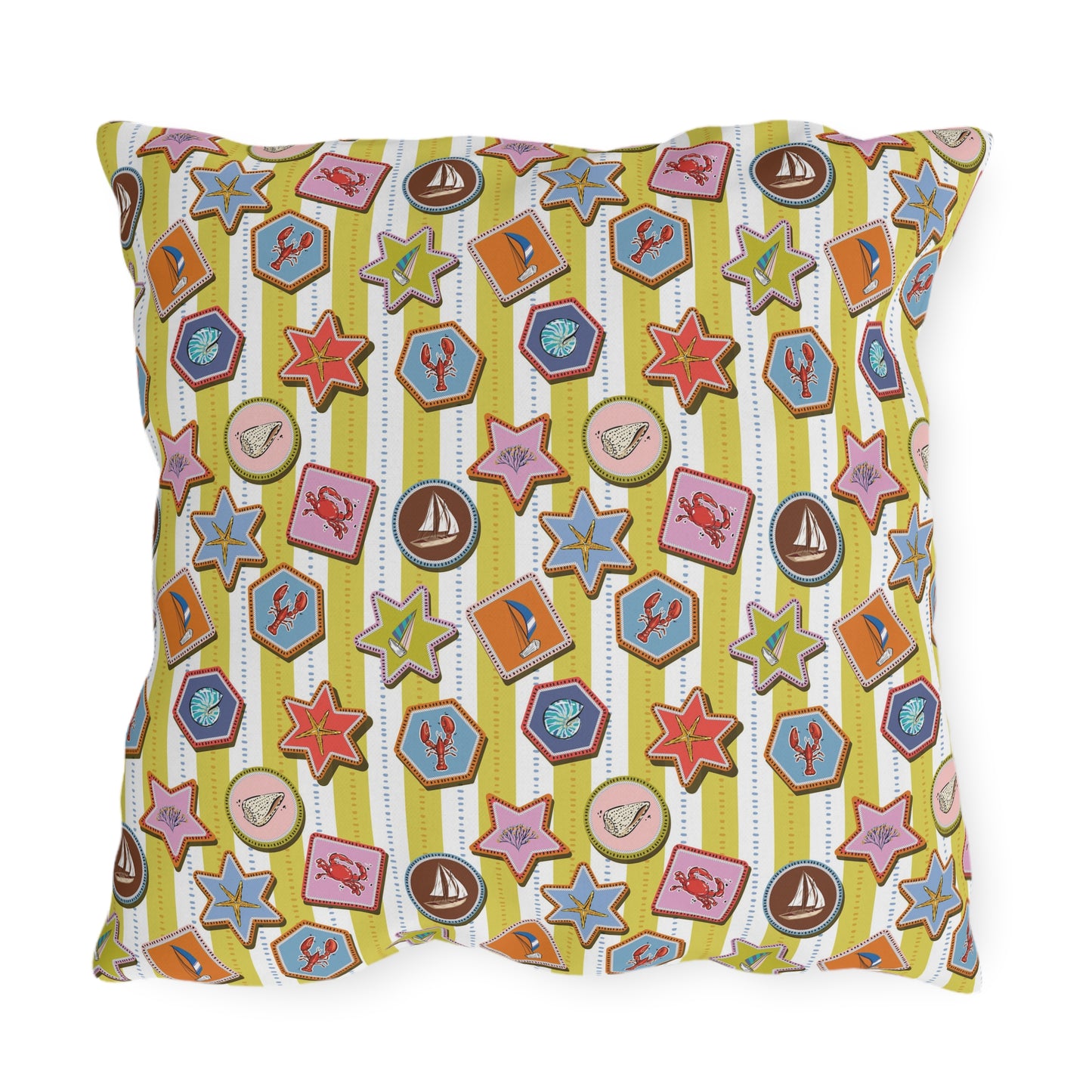 Coastal Nautical Outdoor Throw Pillow – Beach House Patio Cushion with Lobsters, Sailboats & Seashells