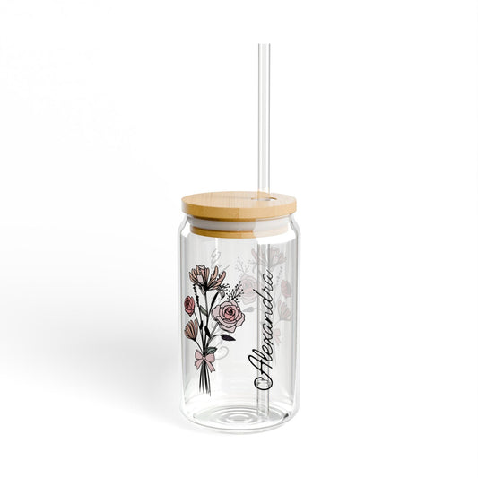 Personalized May Flower - 16oz Glass with Lid and Straw
