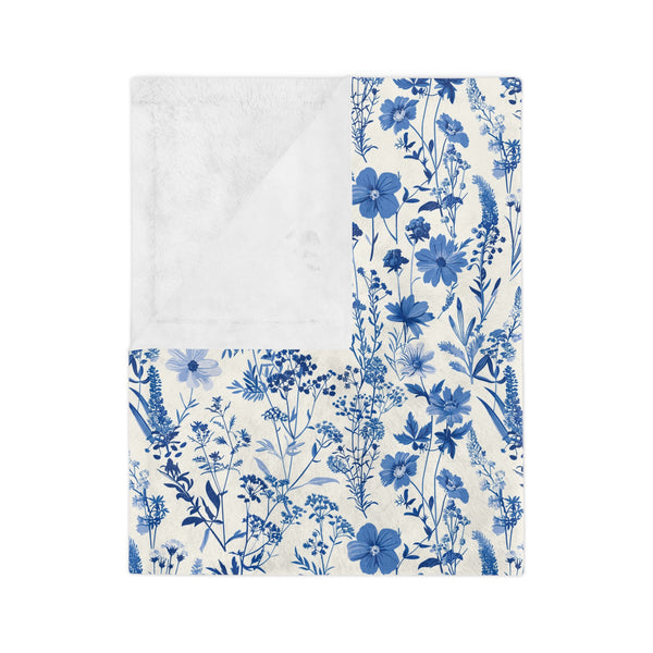 Blue Floral Toile Velveteen Blanket, Cozy Microfiber Throw for Home Decor, Gift for Her, Bedroom Decor, Perfect for Weddings and Holidays