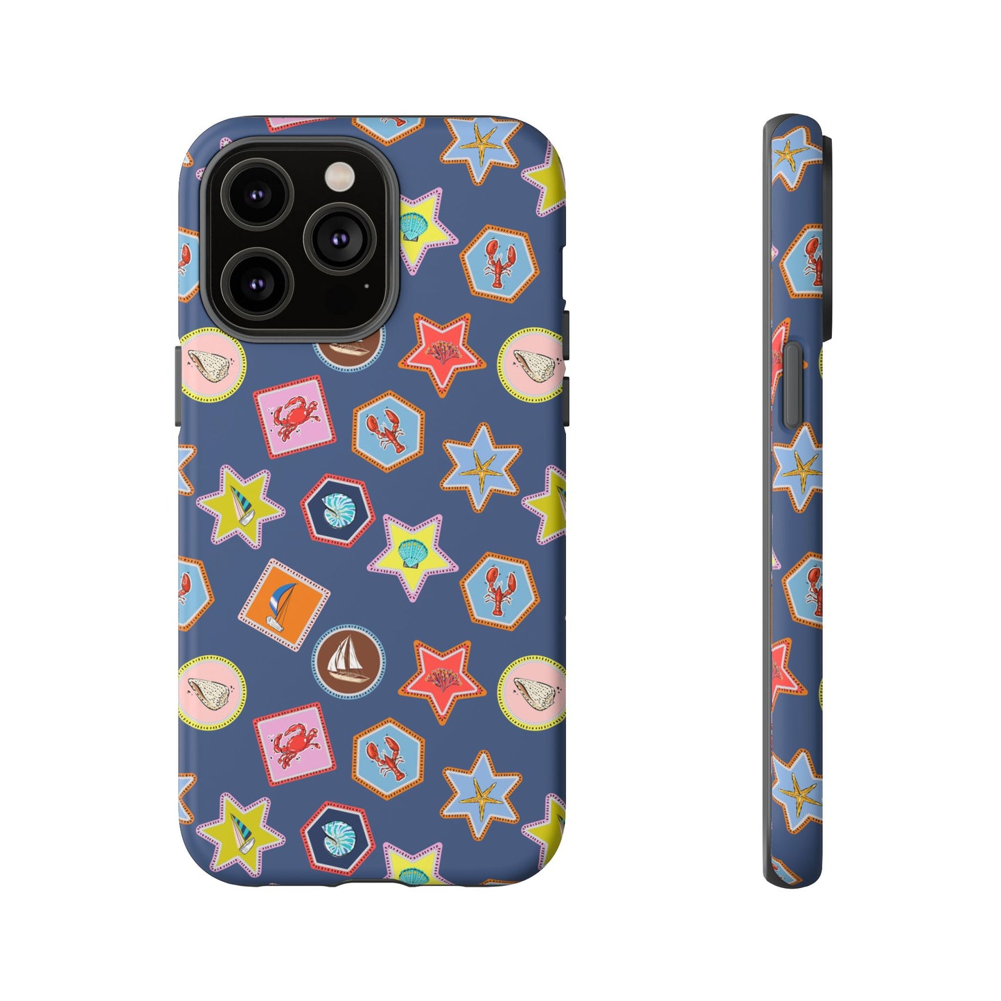 Lobsters Sailboats and Seashells on Navy Blue Phone Case