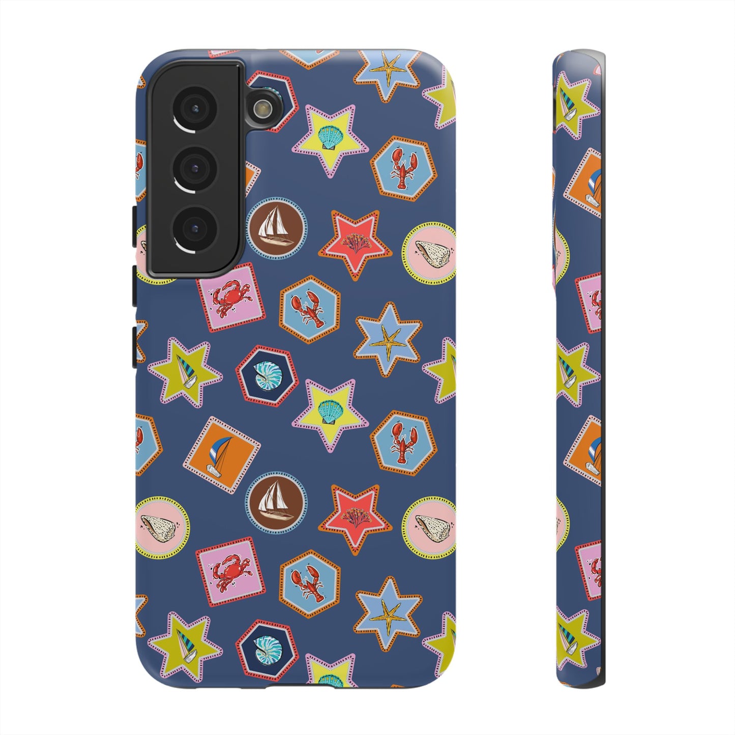 Lobsters Sailboats and Seashells on Navy Blue Phone Case