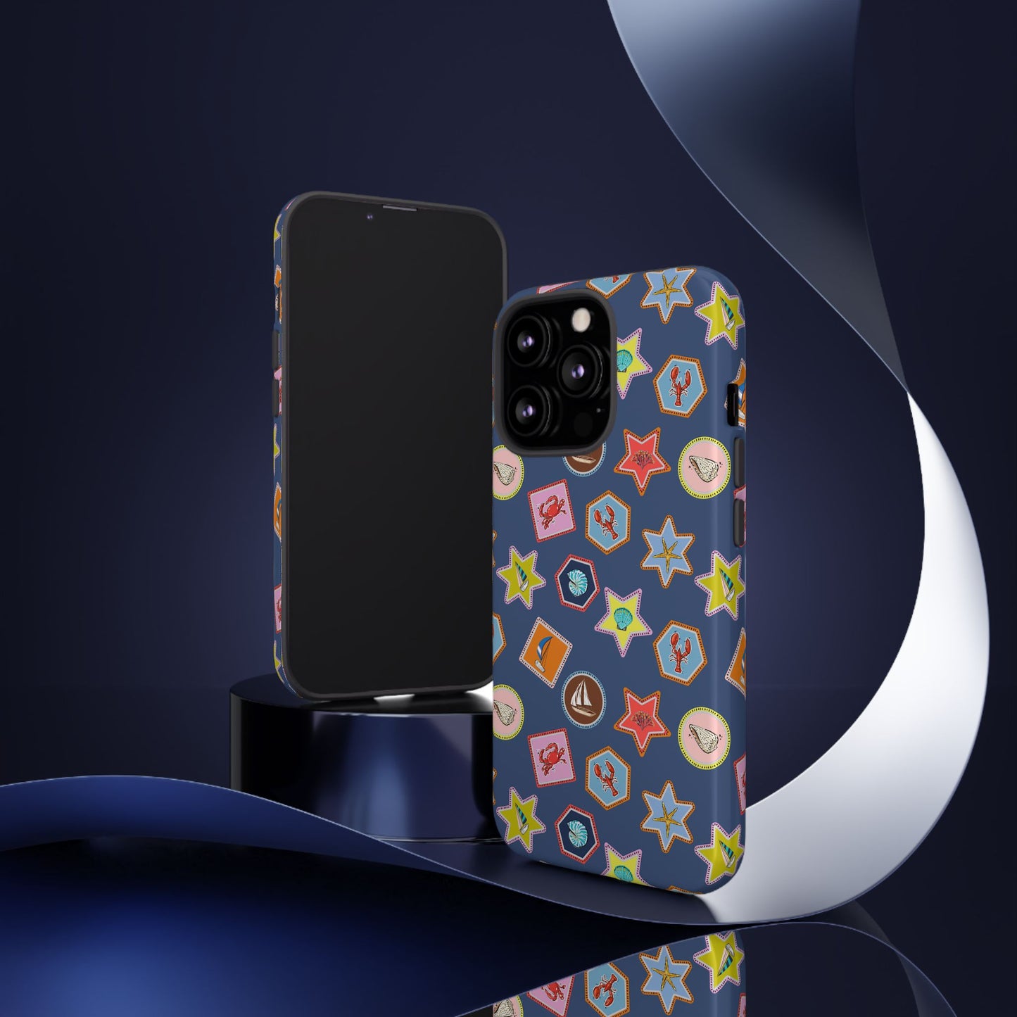Lobsters Sailboats and Seashells on Navy Blue Phone Case
