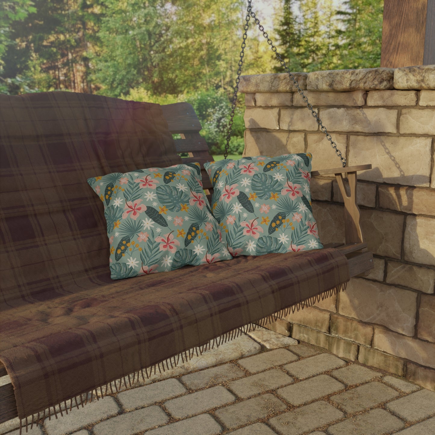 Palm Leaf & Hibiscus - Outdoor Throw Pillow