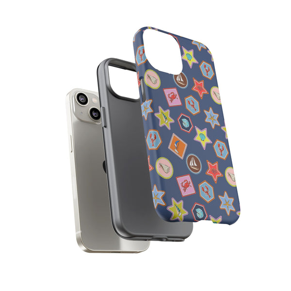 Lobsters Sailboats and Seashells on Navy Blue Phone Case