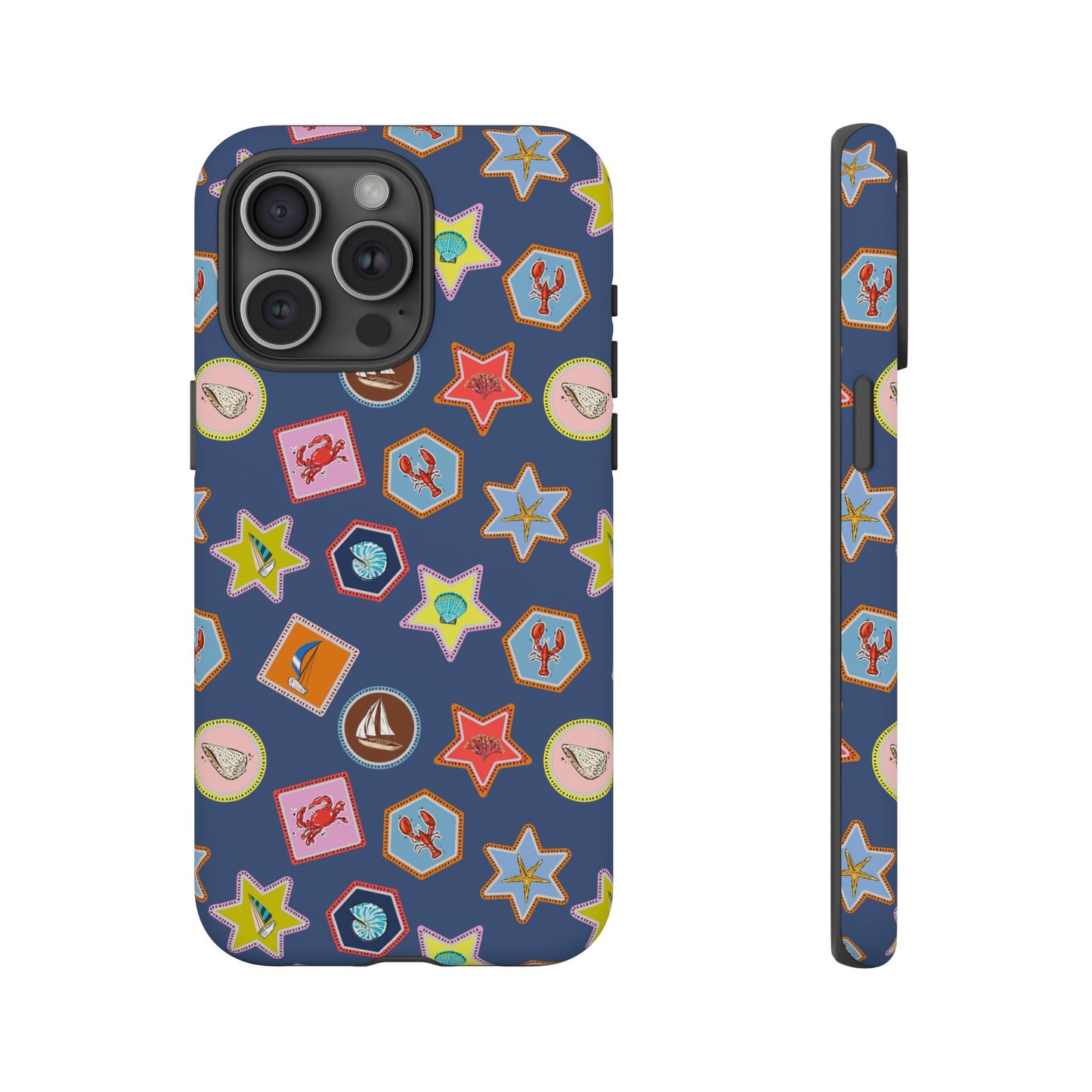 Lobsters Sailboats and Seashells on Navy Blue Phone Case