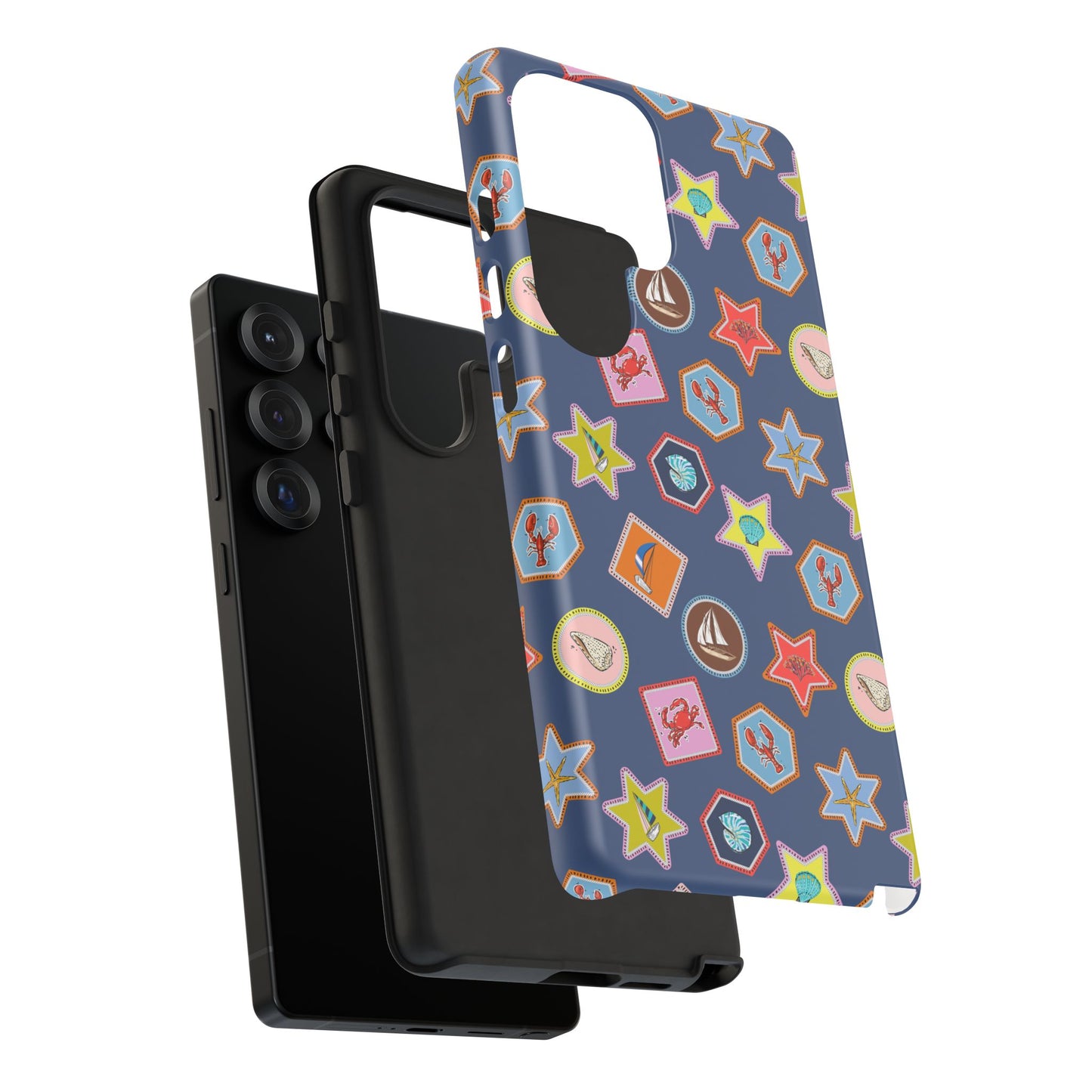 Lobsters Sailboats and Seashells on Navy Blue Phone Case