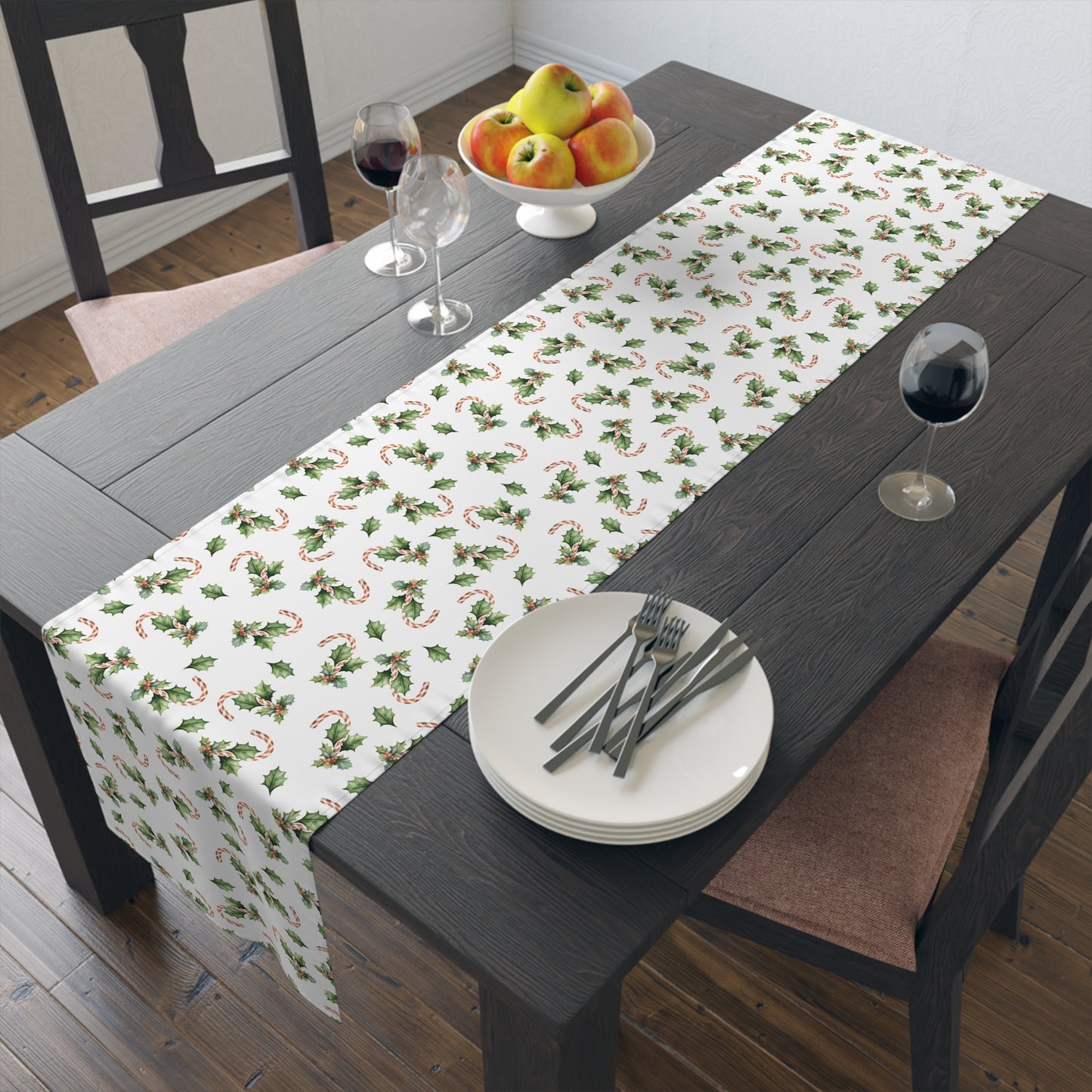 Christmas Table Runner Featuring Holly & Candy Canes