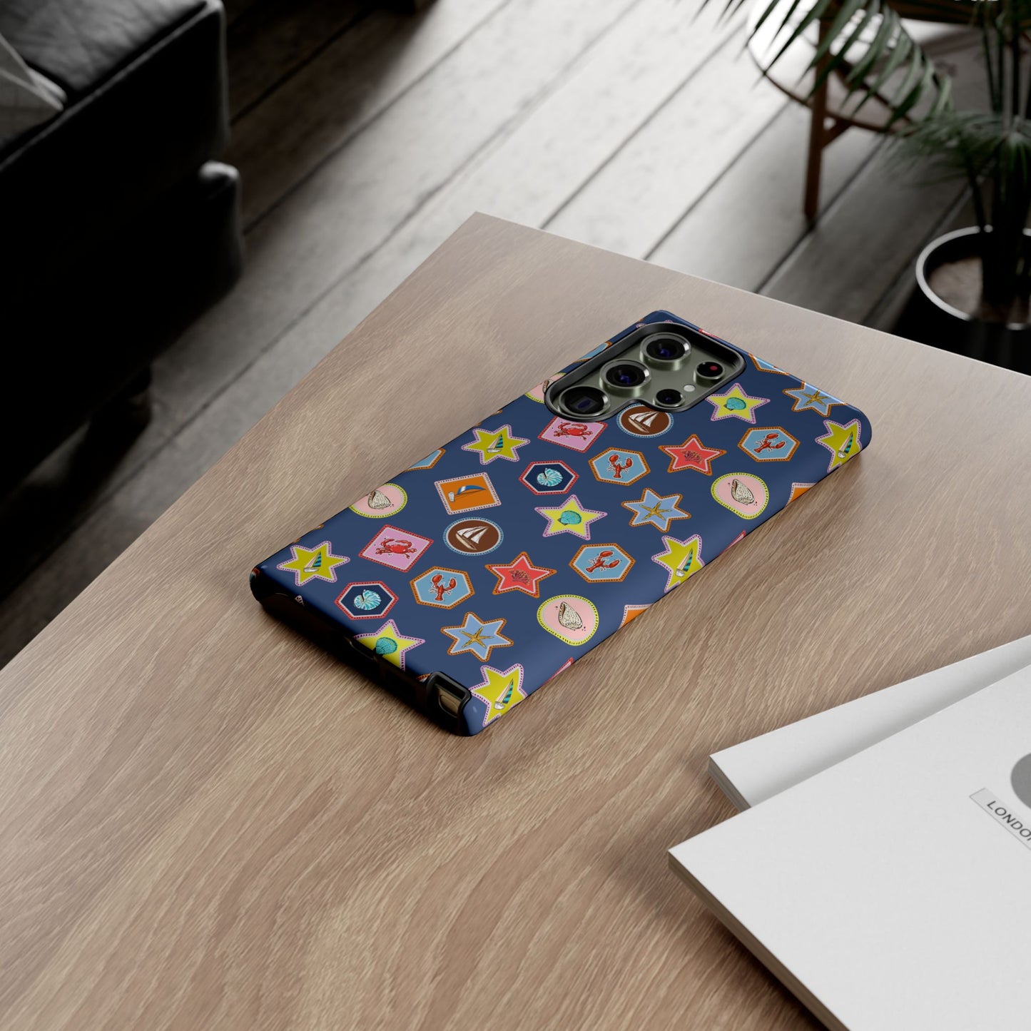 Lobsters Sailboats and Seashells on Navy Blue Phone Case