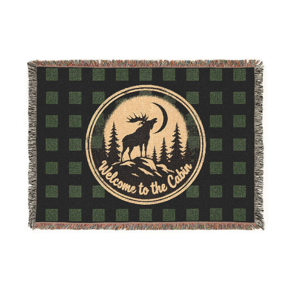 Welcome to the Cabin Woven Blanket | Moose & Pine Tree Buffalo Plaid Throw | Rustic Lodge Cabin Decor | Fall & Winter Gift