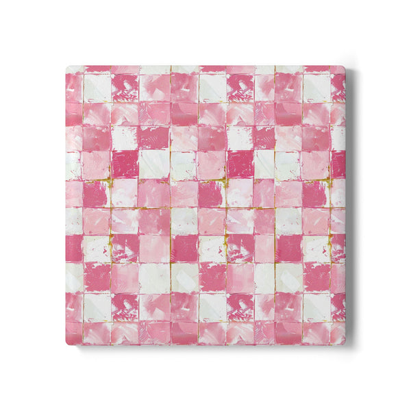 ceramic coaster with pink and white checkered pattern