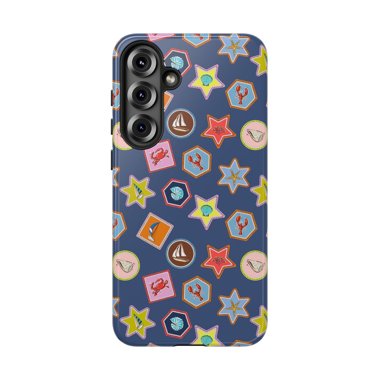 Lobsters Sailboats and Seashells on Navy Blue Phone Case