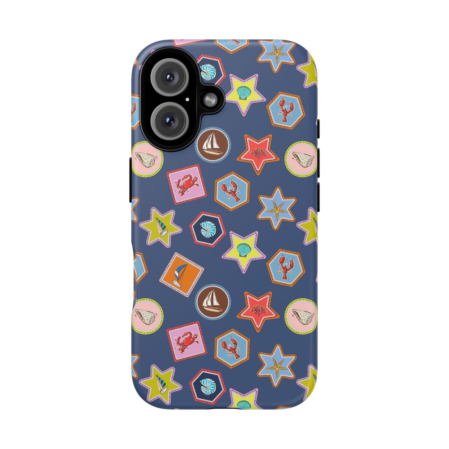 Lobsters Sailboats and Seashells on Navy Blue Phone Case