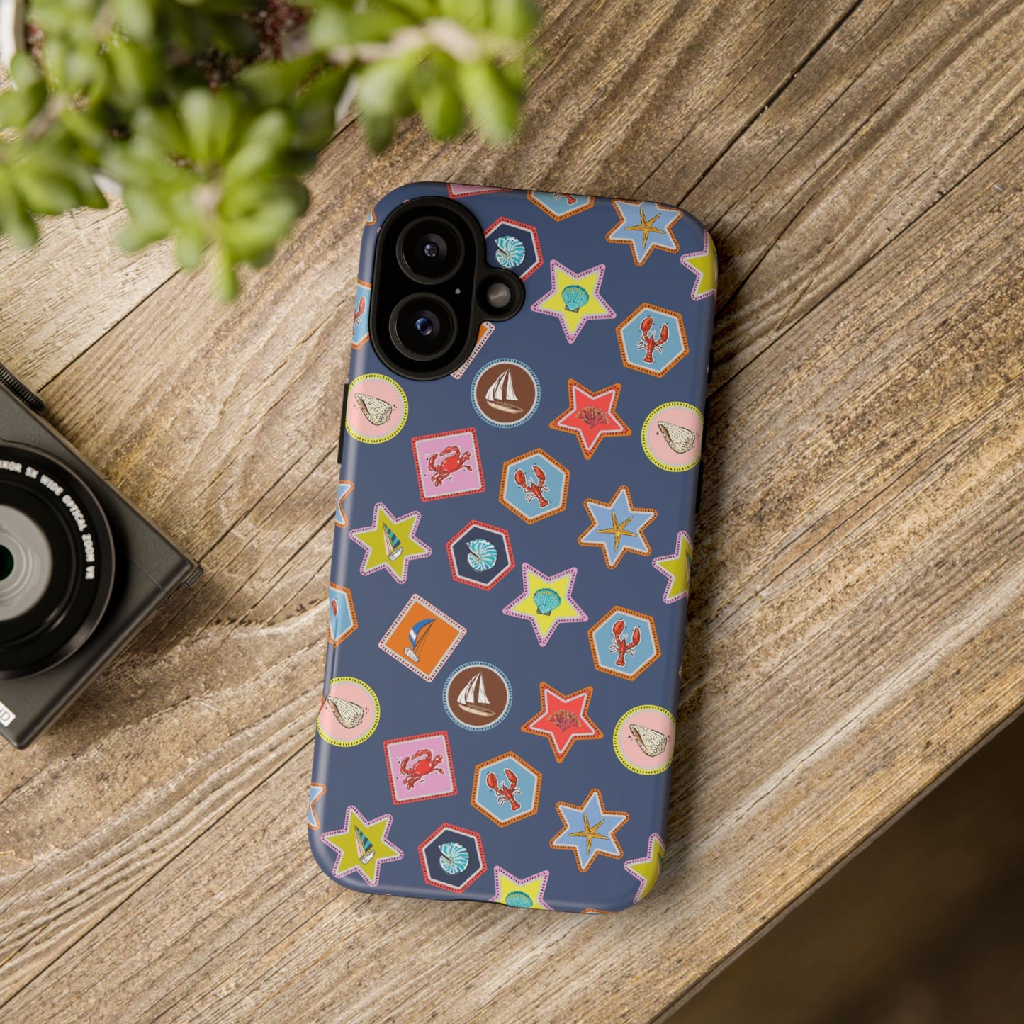 Lobsters Sailboats and Seashells on Navy Blue Phone Case
