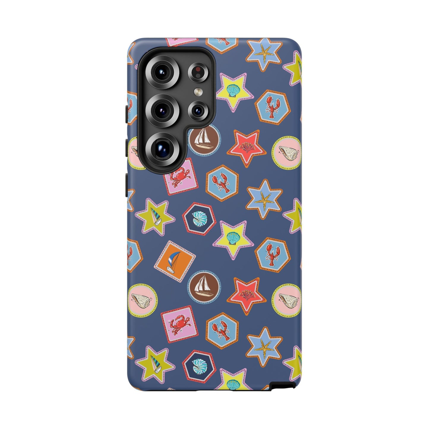 Lobsters Sailboats and Seashells on Navy Blue Phone Case