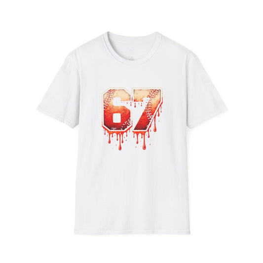 67 Baseball Drip T-Shirt - Vintage Distressed Sports Jersey Style - Grunge Streetwear Graphic Tee for Men & Women