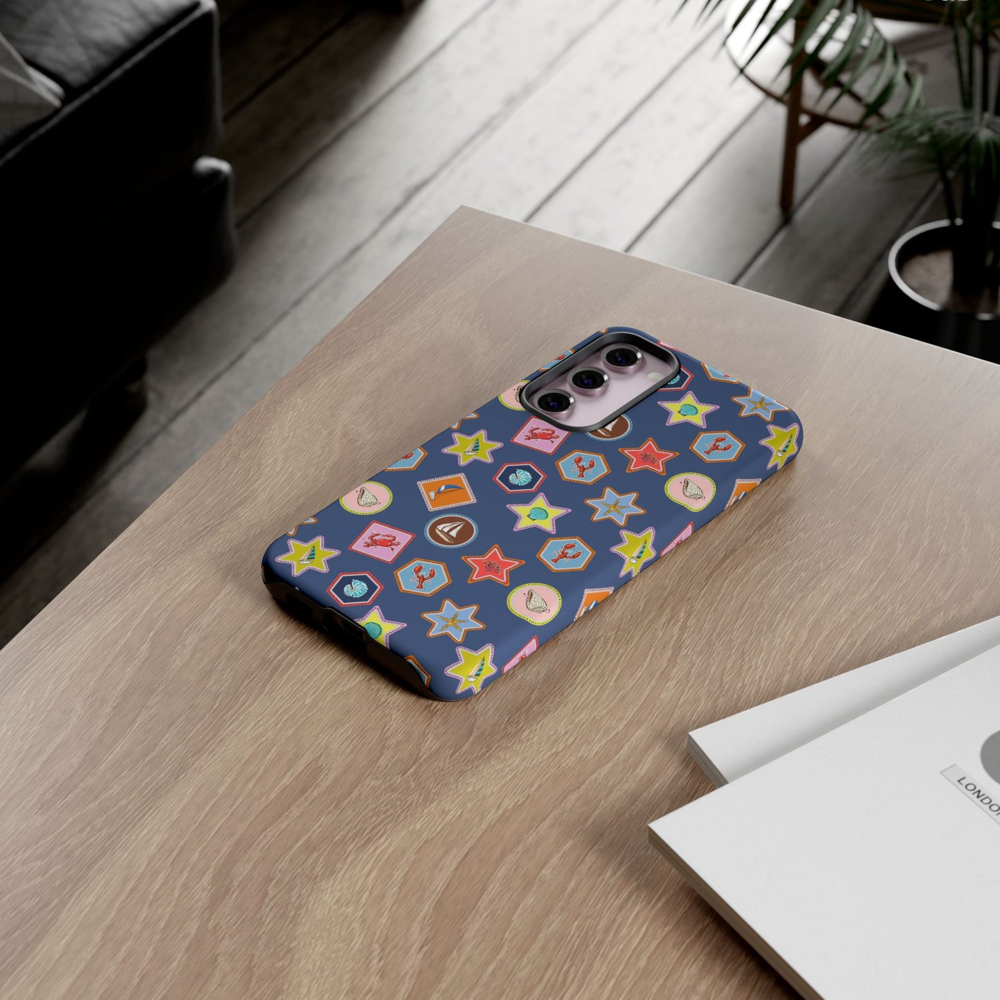 Lobsters Sailboats and Seashells on Navy Blue Phone Case