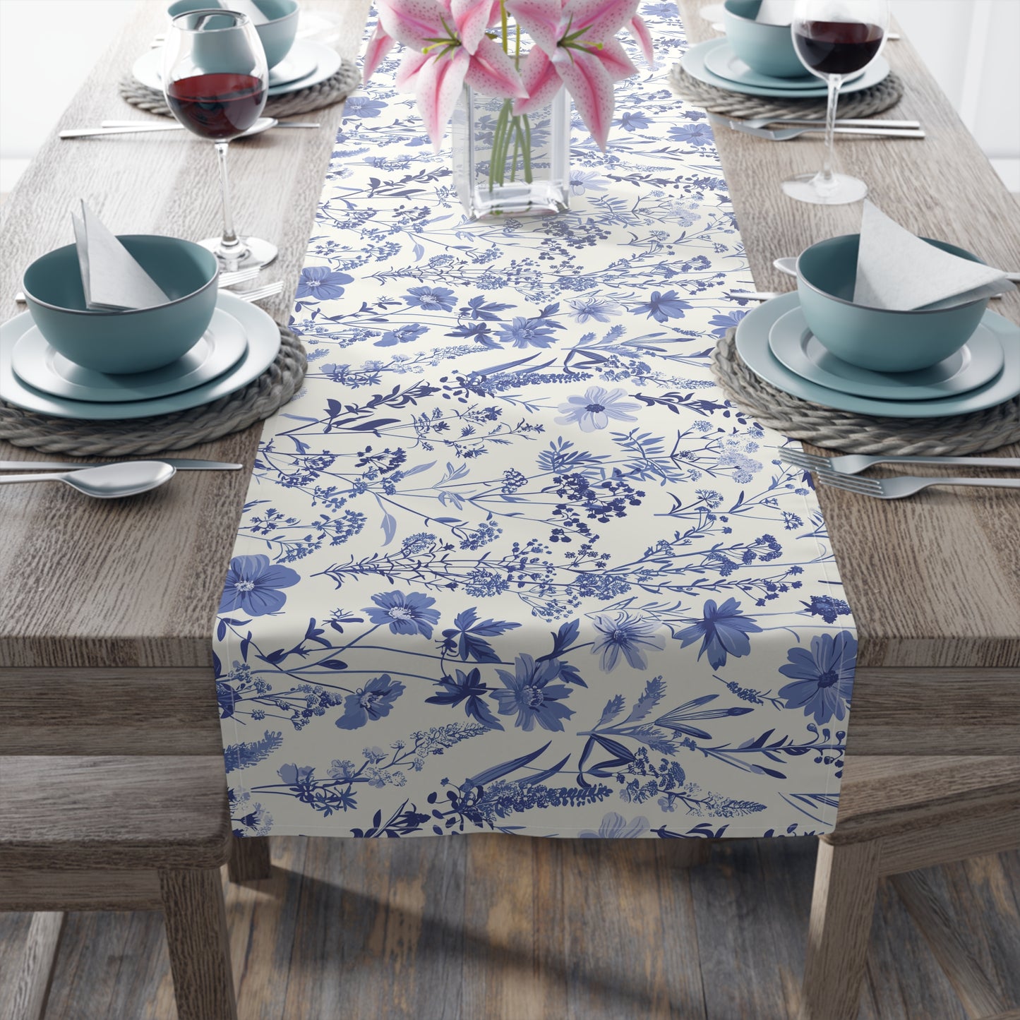 Blue Floral Toile Table Runner