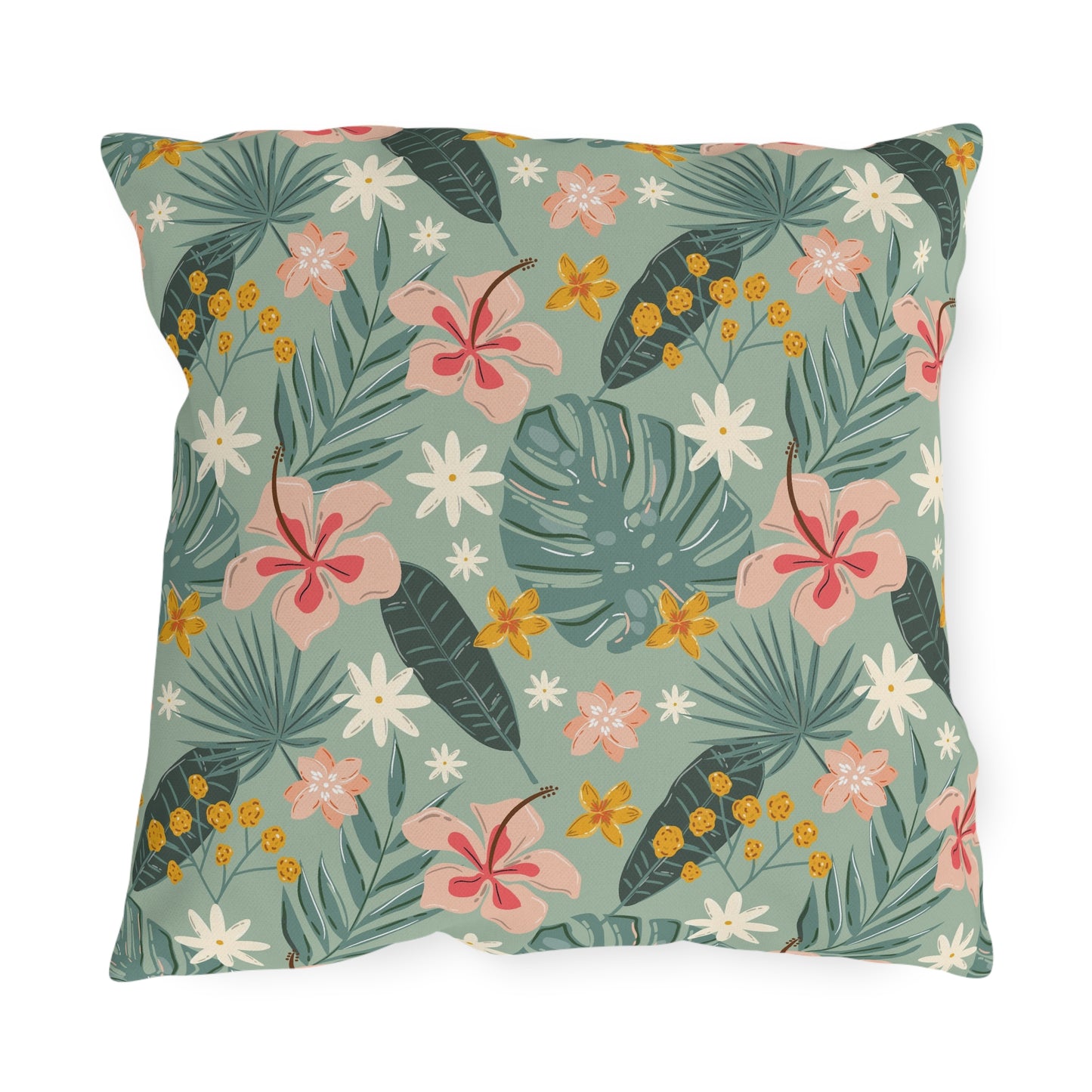 Palm Leaf & Hibiscus - Outdoor Throw Pillow