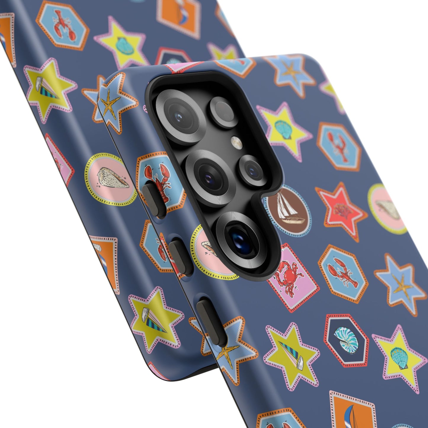 Lobsters Sailboats and Seashells on Navy Blue Phone Case