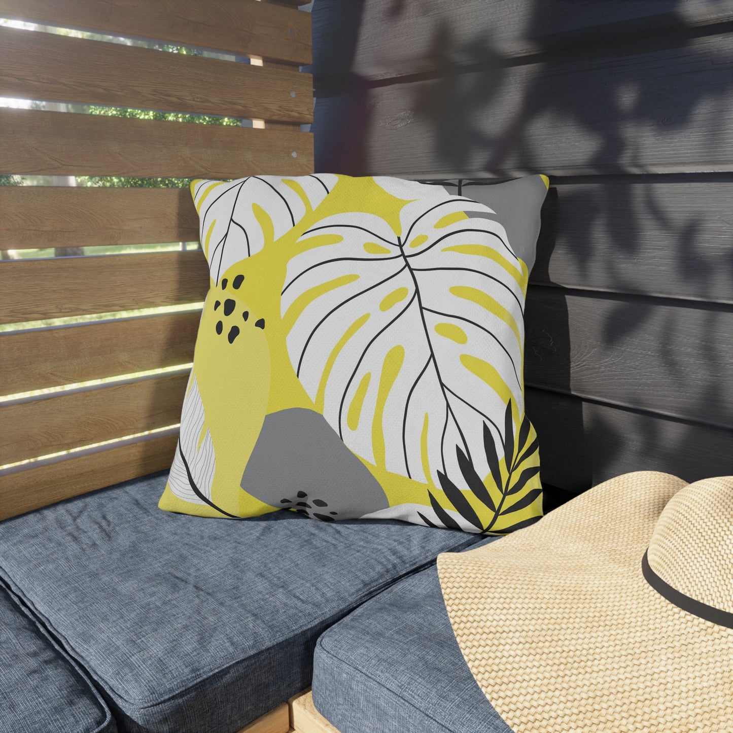 Yellow and White Palm Leaf Flora - Outdoor Throw Pillow
