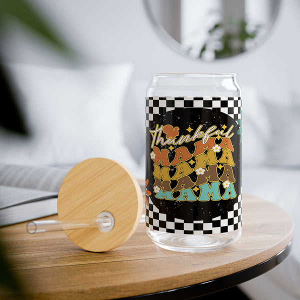 Thankful Mama 16oz Glass, Mama Can Glass, Christmas Gift, Thanksgiving, Glass Jar with Lid and Straw, 16oz Glass Cup, Libbey Cup