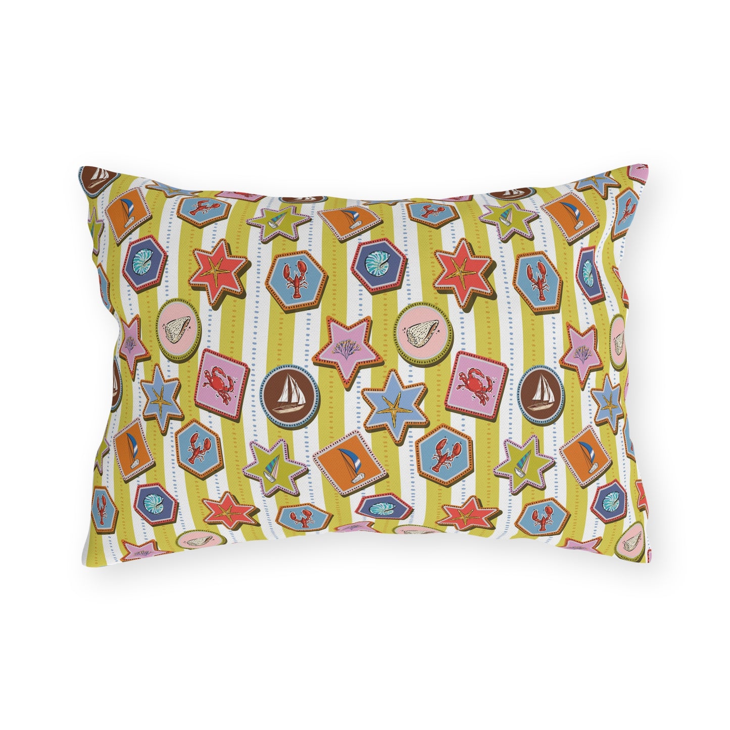 Coastal Nautical Outdoor Throw Pillow – Beach House Patio Cushion with Lobsters, Sailboats & Seashells