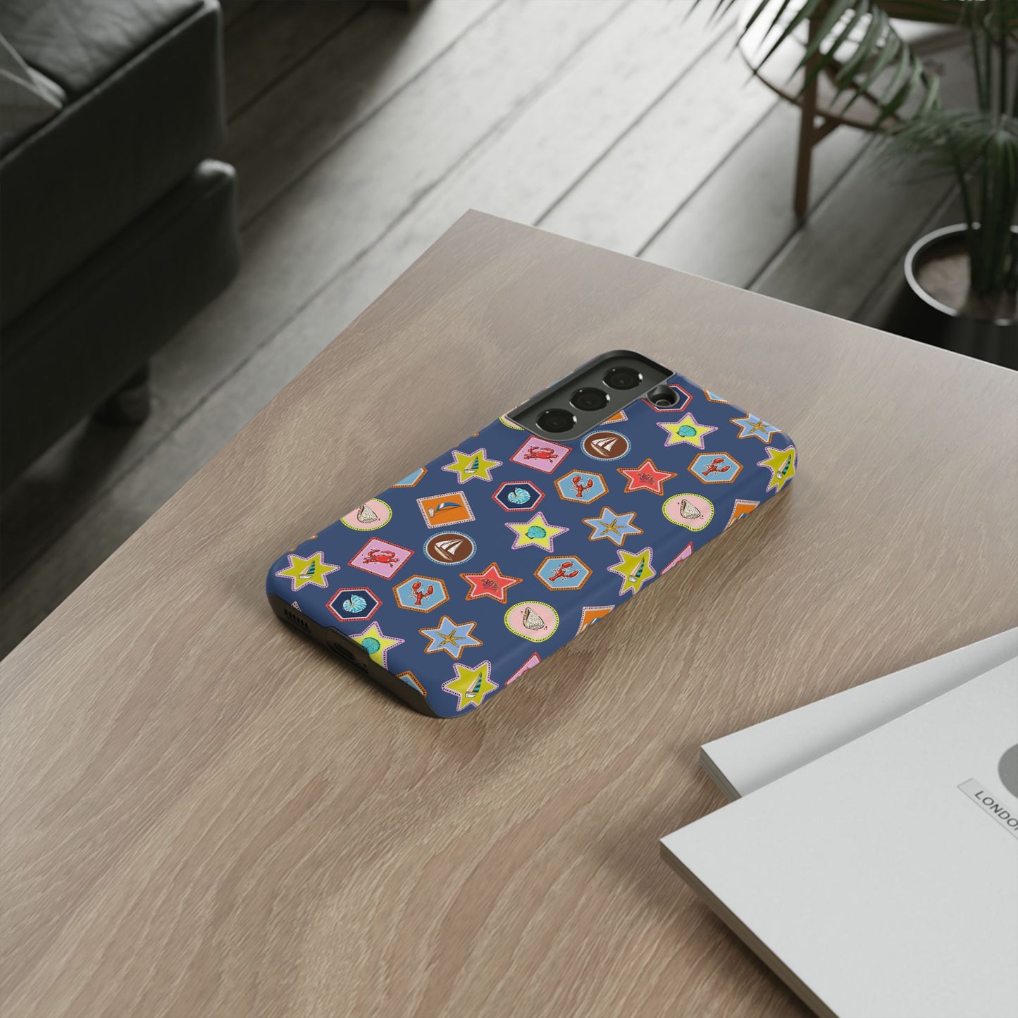 Lobsters Sailboats and Seashells on Navy Blue Phone Case