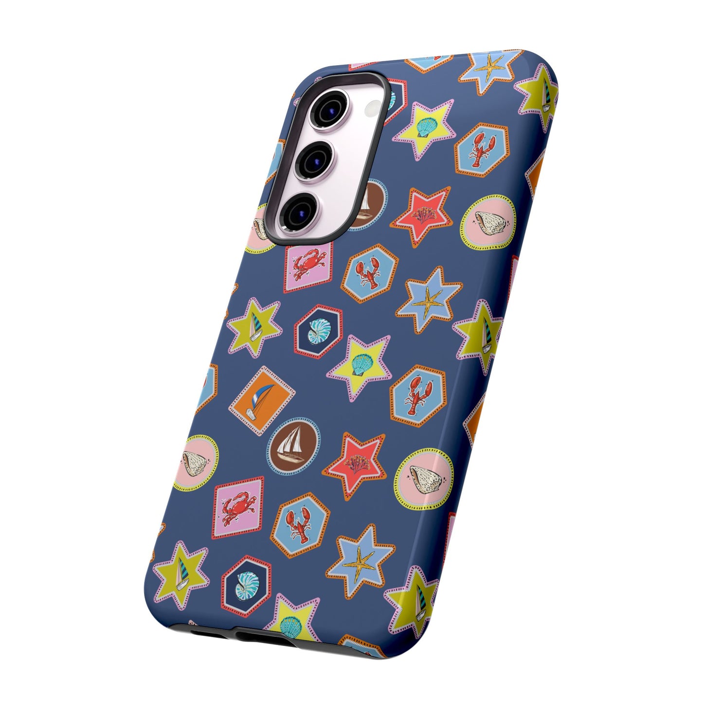 Lobsters Sailboats and Seashells on Navy Blue Phone Case