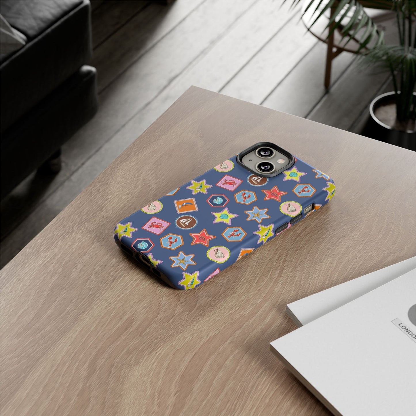 Lobsters Sailboats and Seashells on Navy Blue Phone Case