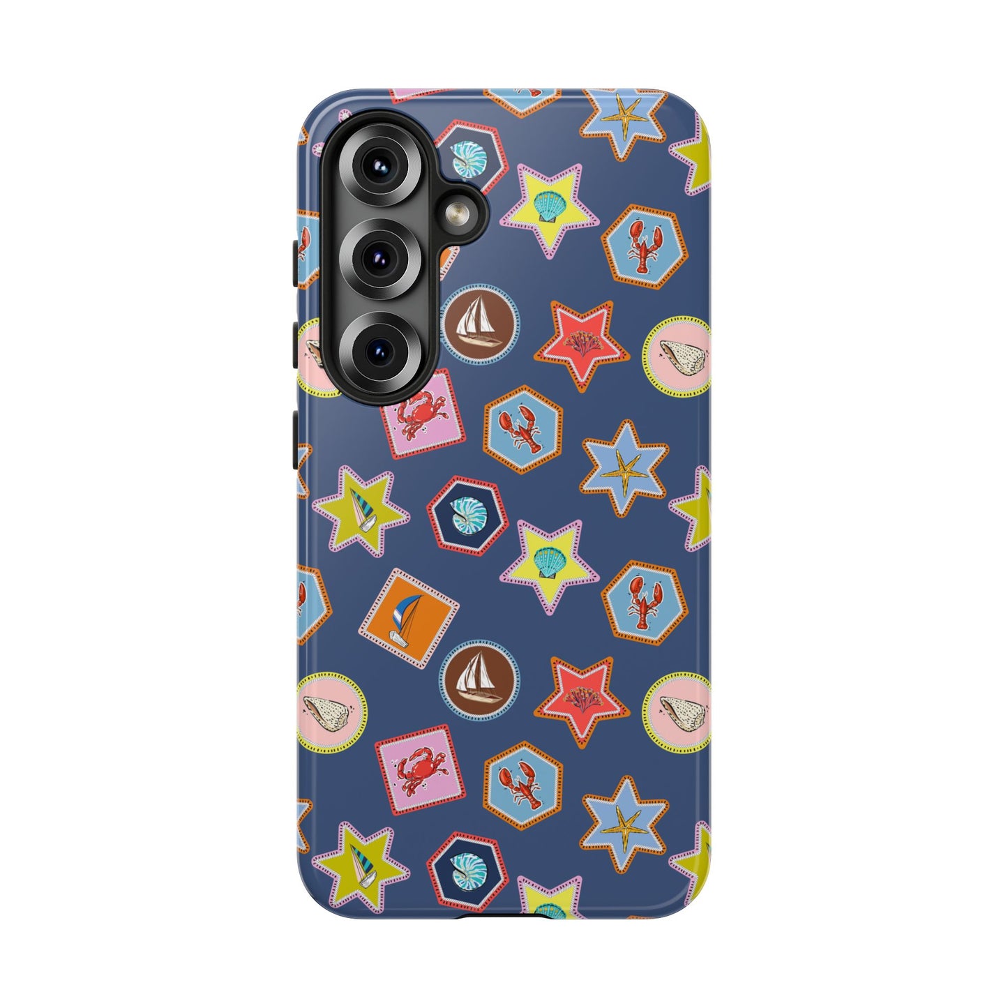 Lobsters Sailboats and Seashells on Navy Blue Phone Case