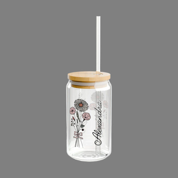 Personalized October Flower 16oz Can Glass - Stylish Sipper with Bamboo Lid and Straw