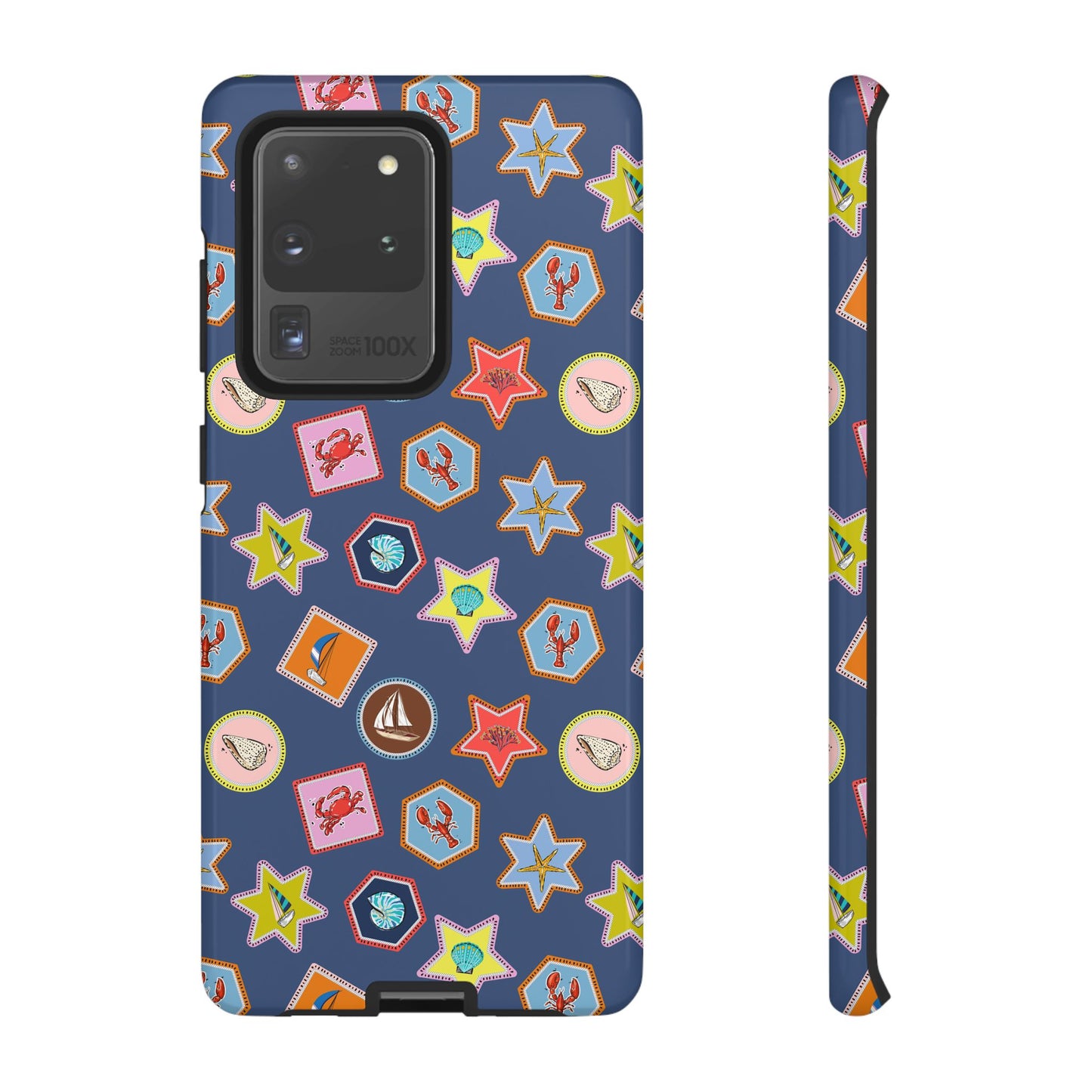 Lobsters Sailboats and Seashells on Navy Blue Phone Case