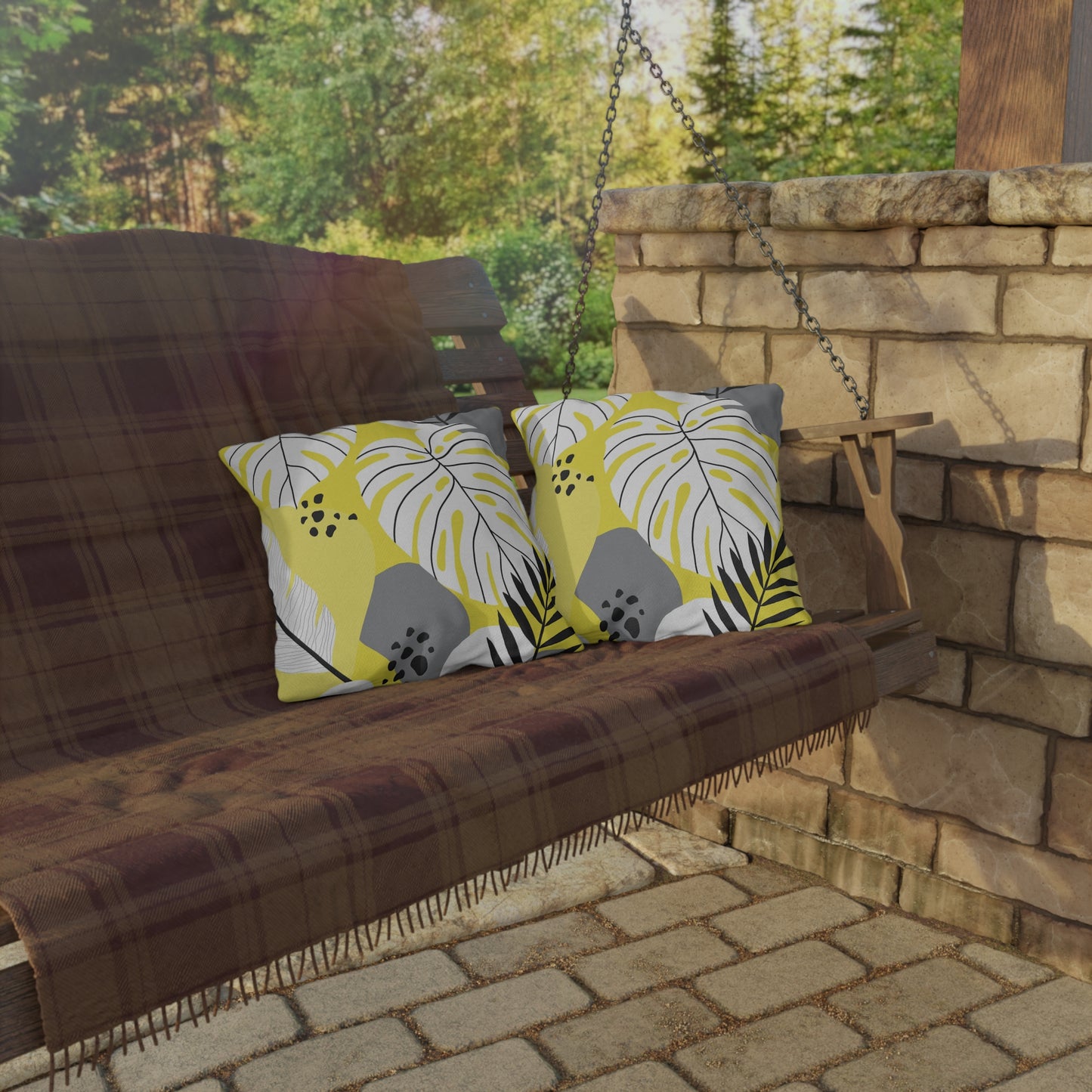 Yellow and White Palm Leaf Flora - Outdoor Throw Pillow