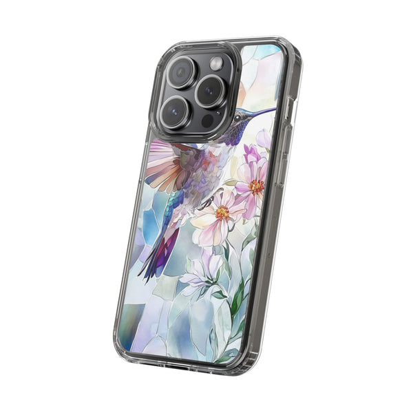 Clear Hummingbird Phone Case - Floral Stained Glass Design, Wireless Charging Compatible