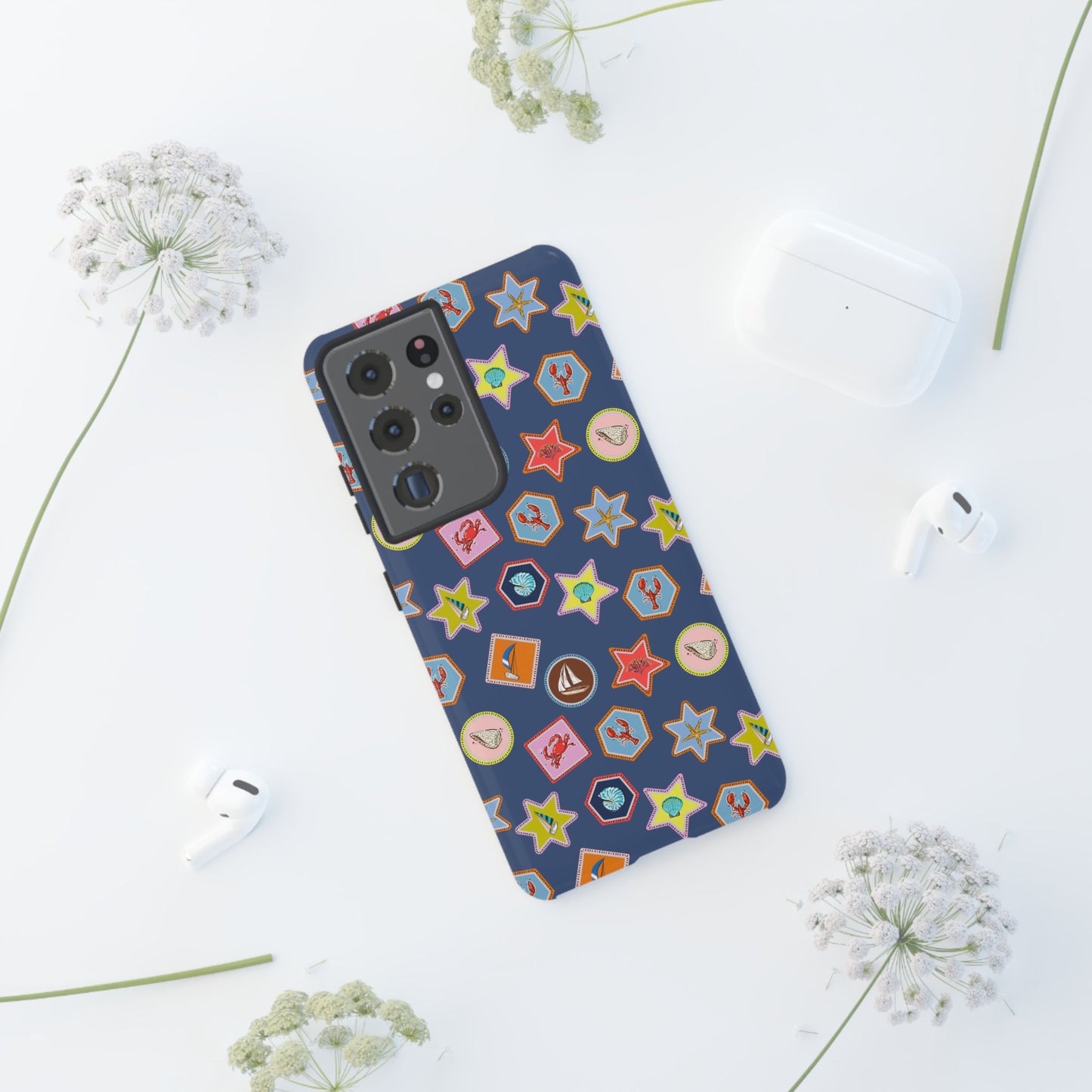 Lobsters Sailboats and Seashells on Navy Blue Phone Case