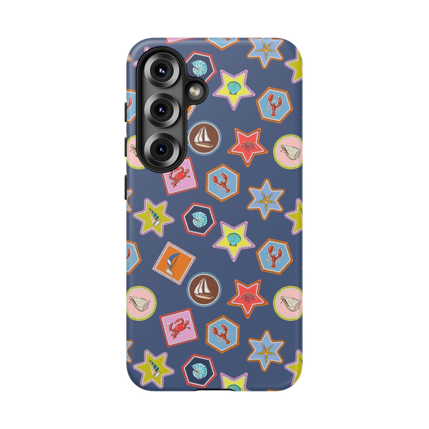 Lobsters Sailboats and Seashells on Navy Blue Phone Case