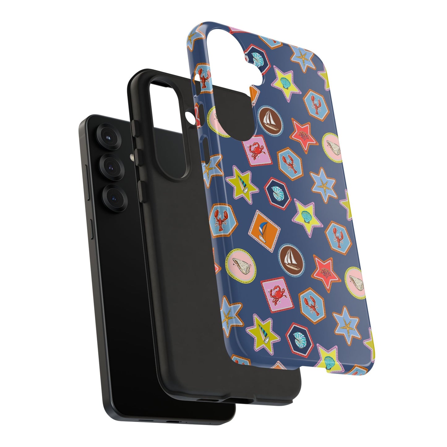 Lobsters Sailboats and Seashells on Navy Blue Phone Case