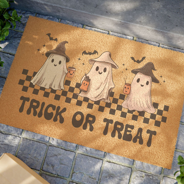 Trick or Treat Halloween Doormat – 24x16 Cute Ghost Porch Mat, Outdoor Coir Welcome Rug for Fall & Spooky Season Decor