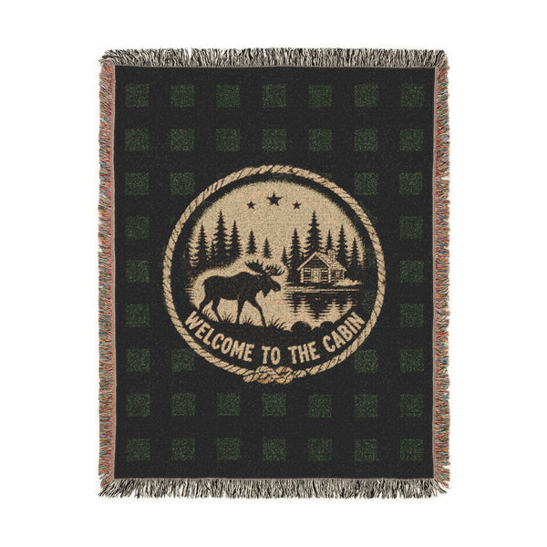 Welcome to the Cabin Woven Blanket | Moose, Log Cabin & Lake Buffalo Plaid Throw | Rustic Lodge Decor | Fall & Winter Gift